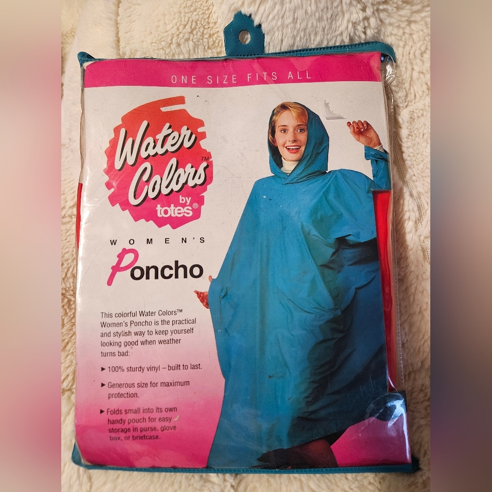 One Size Vintage 1990's Water Colors by Totes Women's Red Vinyl Poncho